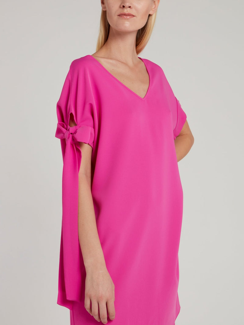 Розовое платье-мини с завязками на рукавах