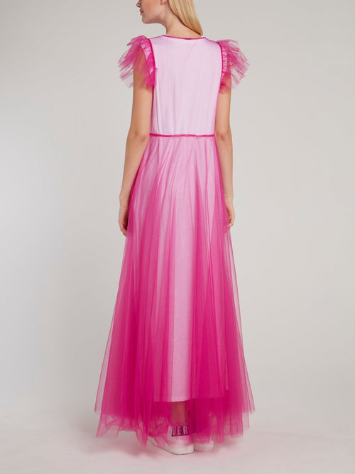 Розовое платье-макси из тюля с рукавами 