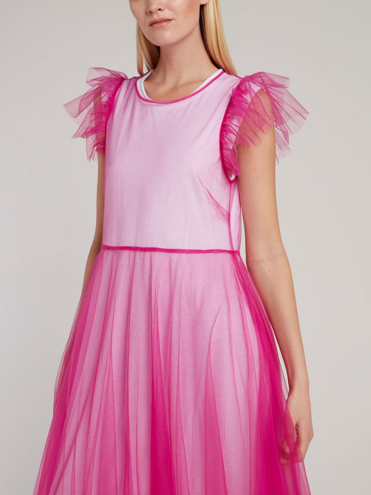 Pink Cap Sleeve Tulle Maxi Dress