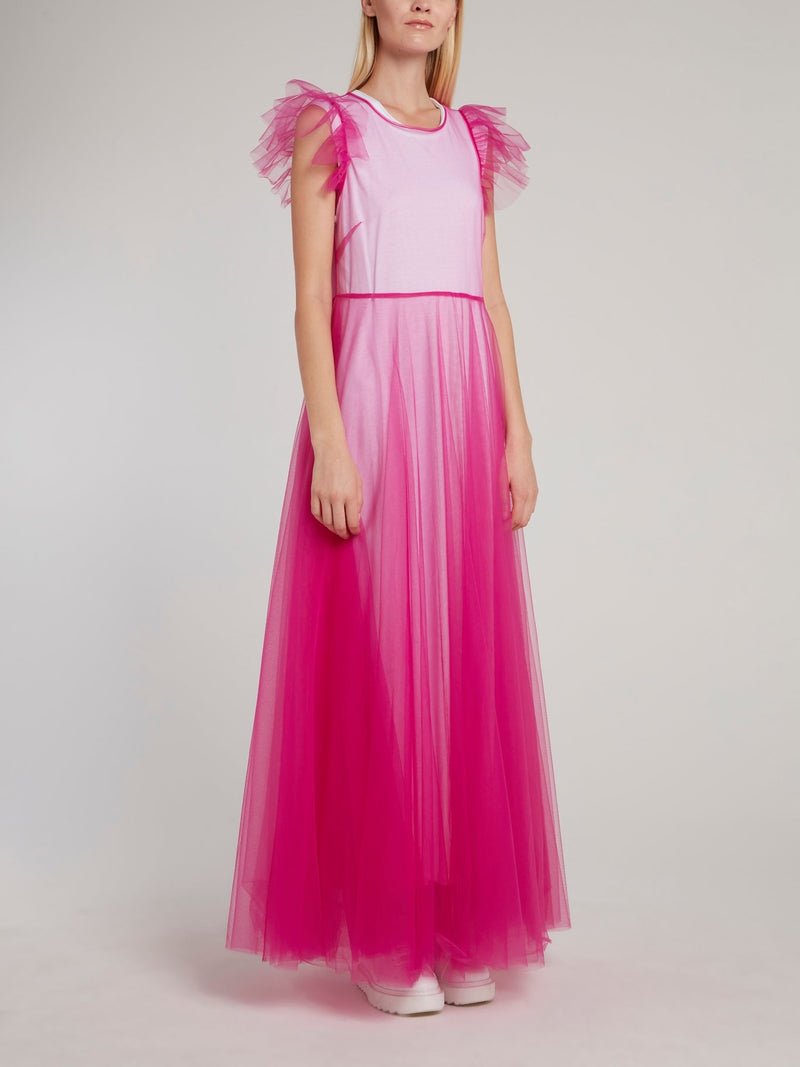 Розовое платье-макси из тюля с рукавами "крылышко"