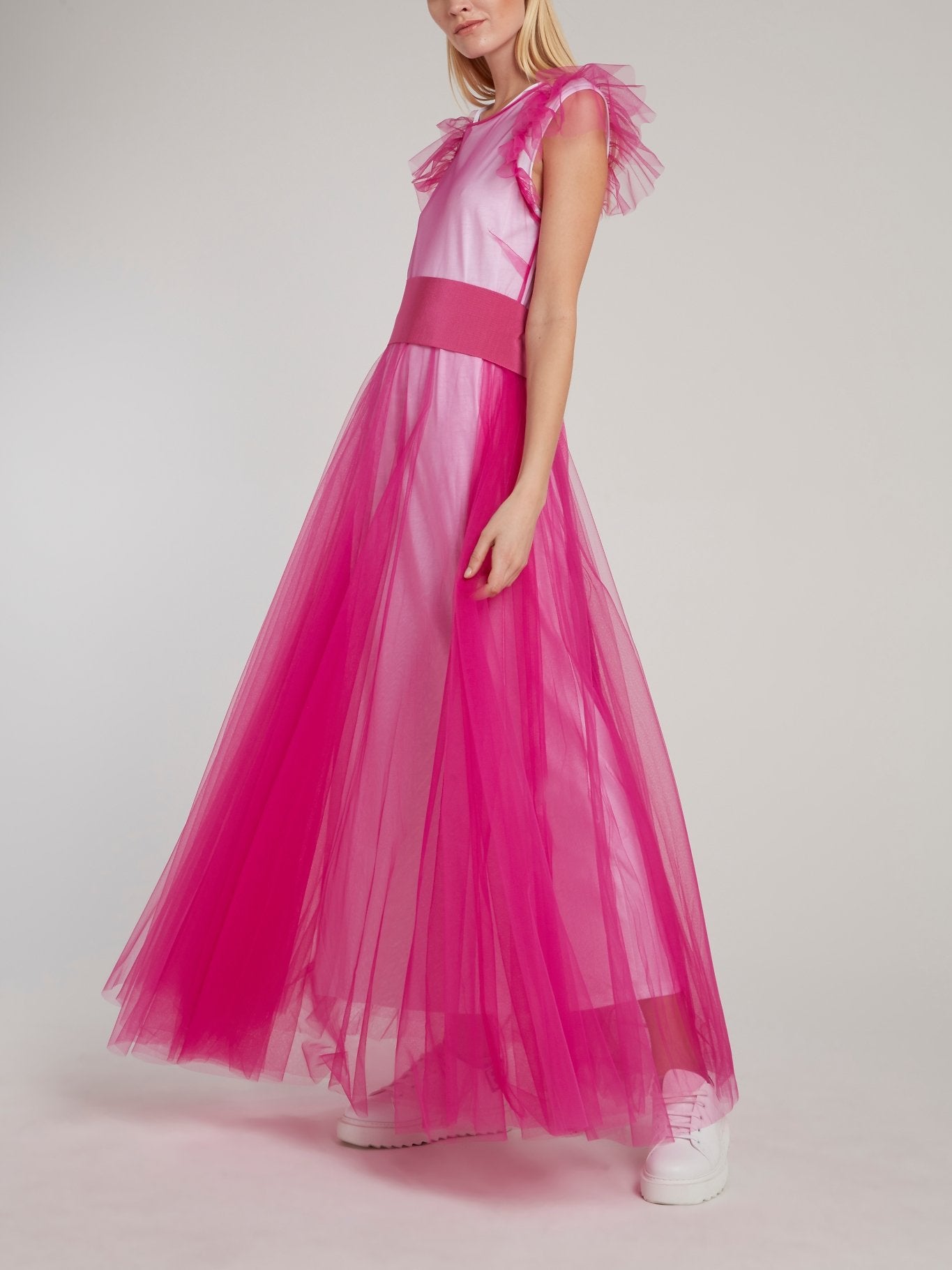 Розовое платье-макси из тюля с рукавами "крылышко"