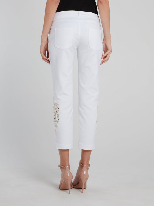 White Lace Panel Cropped Pants