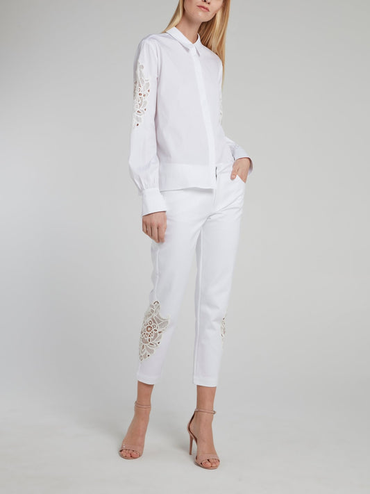 White Lace Panel Cropped Pants