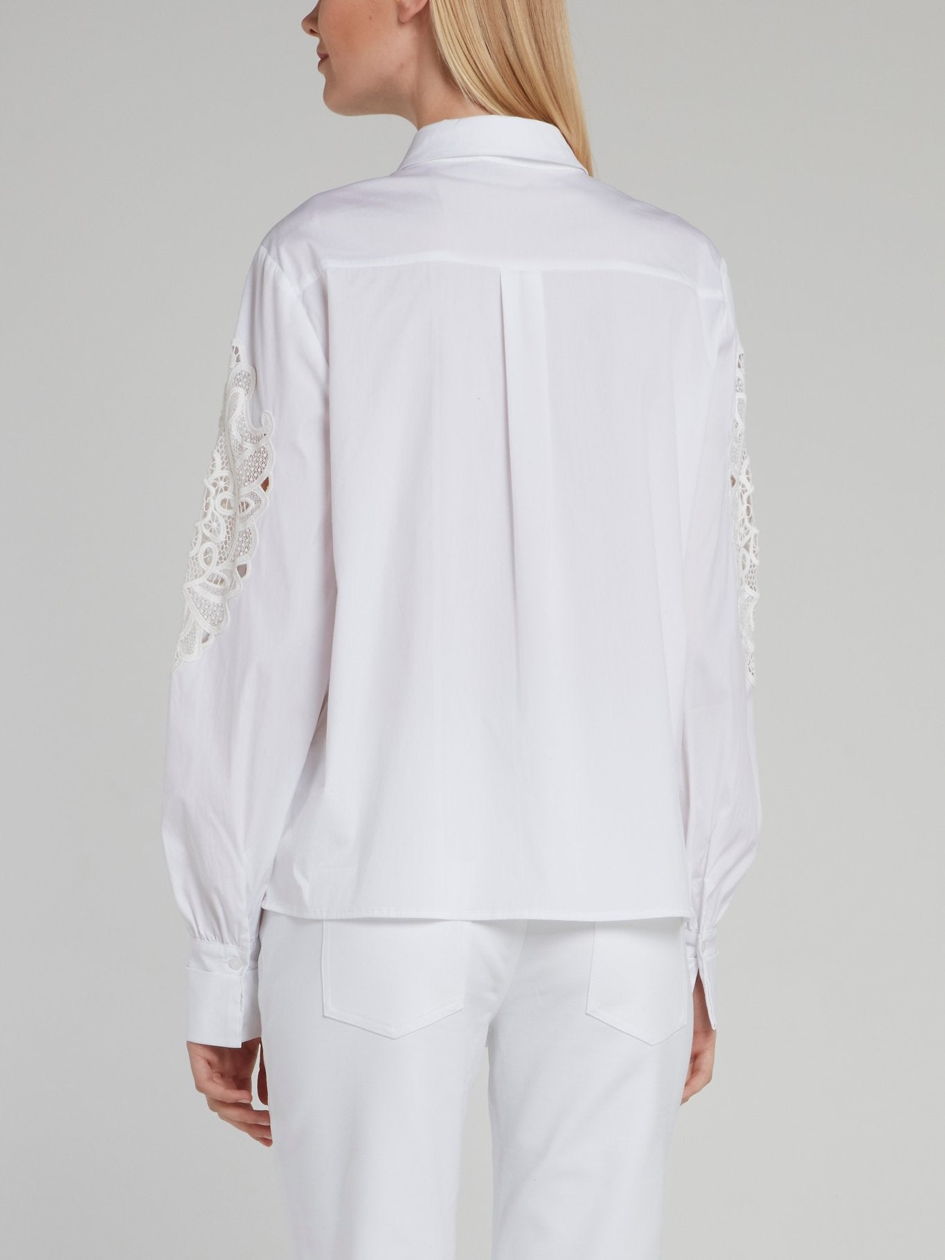 White Lace Panel Bishop Sleeve Shirt