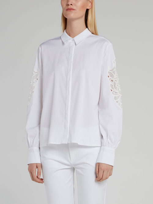 White Lace Panel Bishop Sleeve Shirt