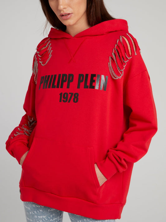Red Chain Embellished Logo Hoodie