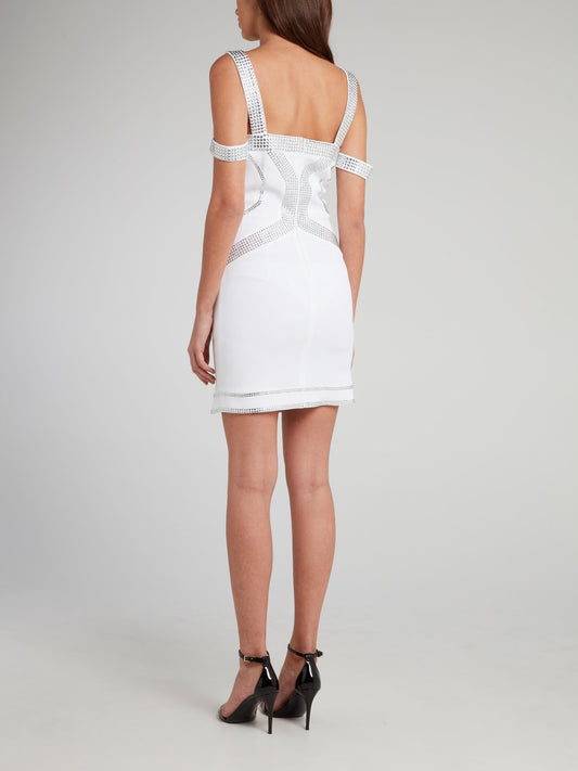White Geometric Studded Multi-Strap Mini Dress