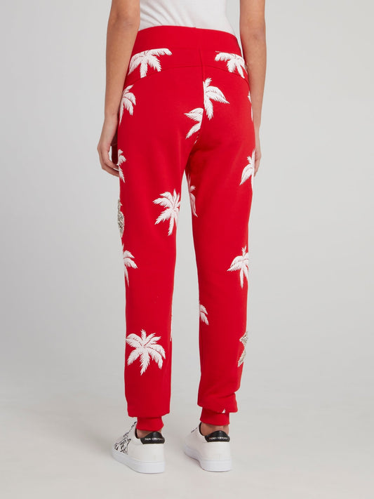 Aloha Plein Red Embellished Waistband Track Pants