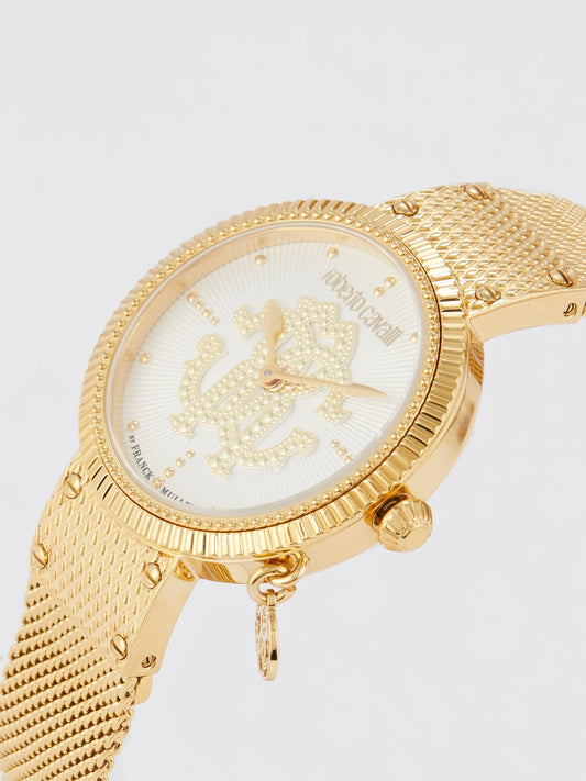 Золотистые часы с перламутровым циферблатом и логотипом