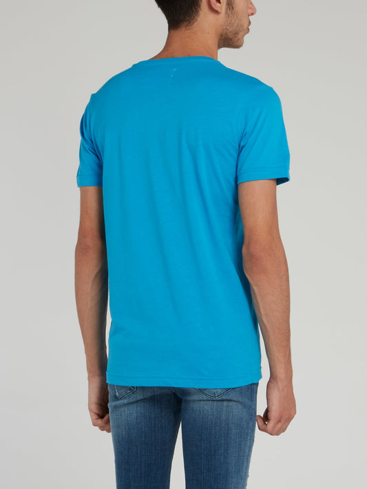 Blue Logo Embroidered Cotton T-Shirt