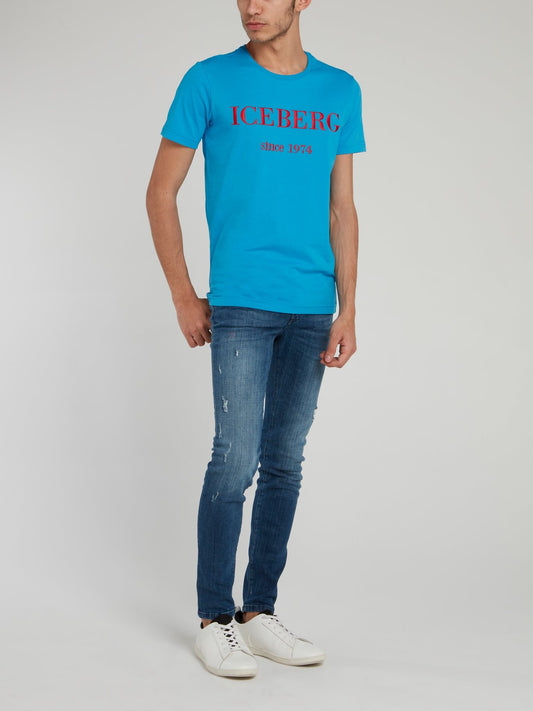 Blue Logo Embroidered Cotton T-Shirt