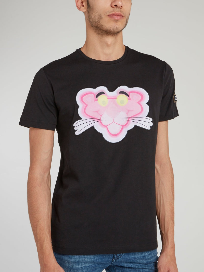 Черная футболка с круглым вырезом и рисунком "Розовая пантера"