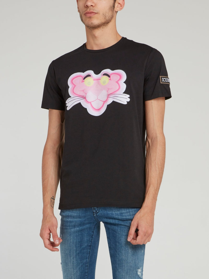 Черная футболка с круглым вырезом и рисунком "Розовая пантера"