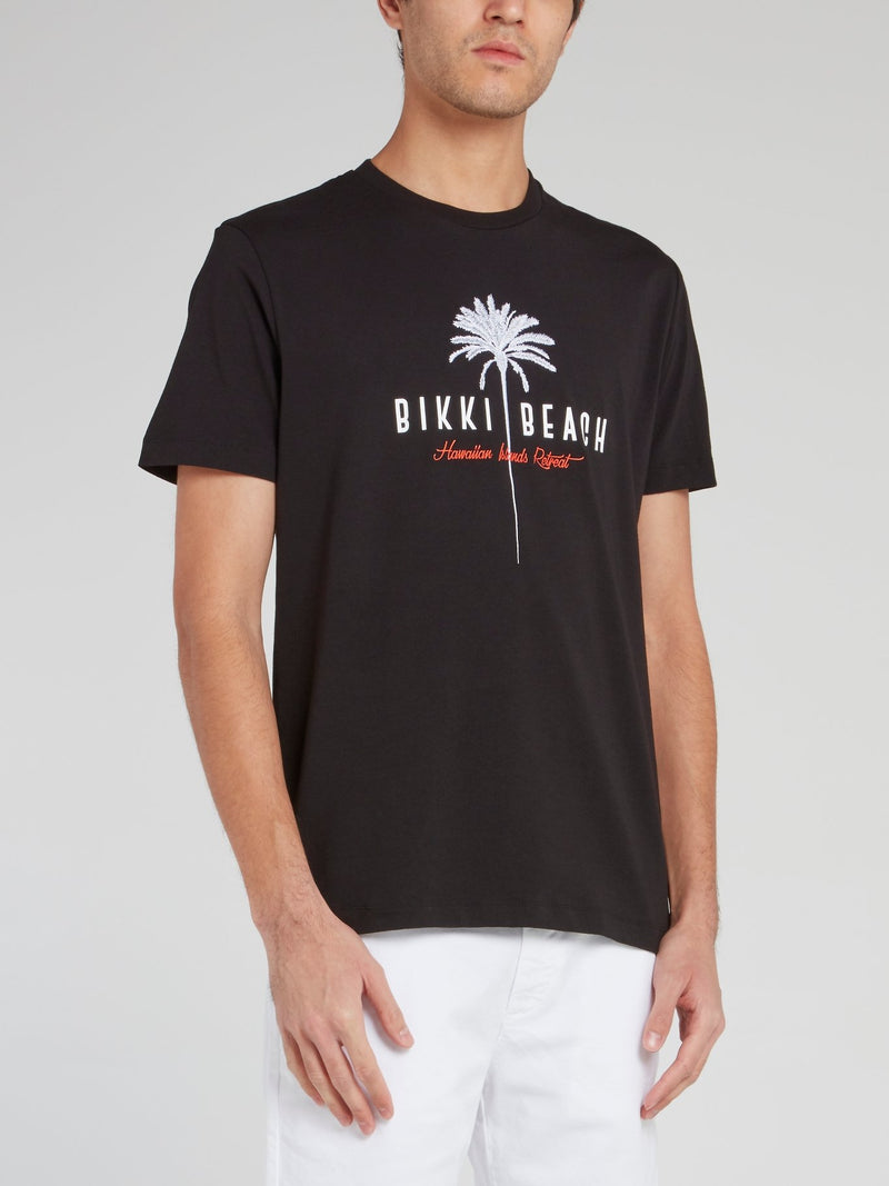 Черная хлопковая футболка с круглым вырезом и надписями
