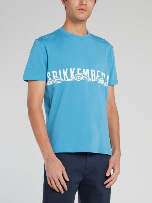 Голубая хлопковая футболка с круглым вырезом и логотипом