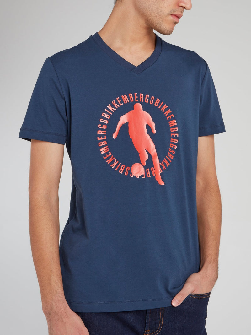 Navy Sport Print V-Neck T-Shirt