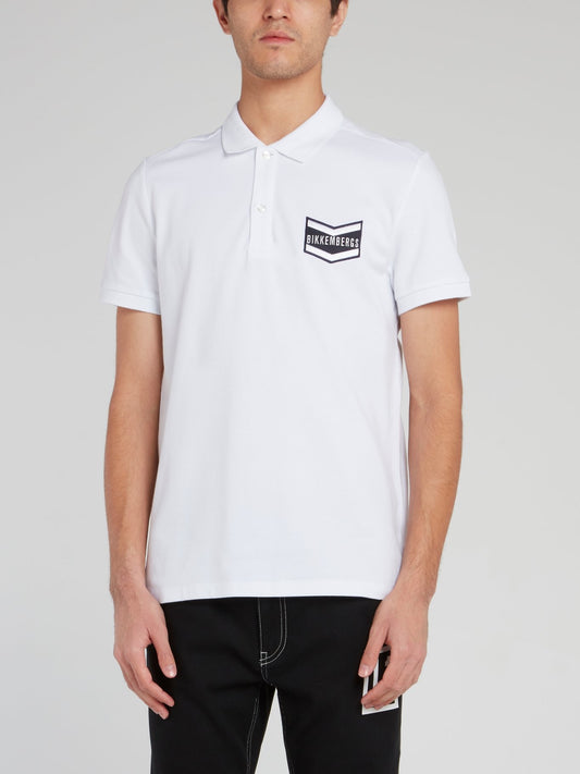 White Logo Embroidered Cotton Polo Shirt