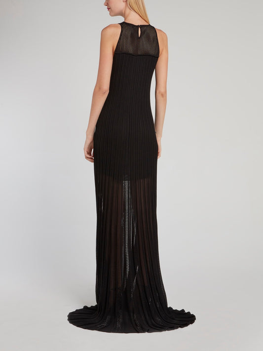 Black Pleated Sleeveless Lace Maxi Dress