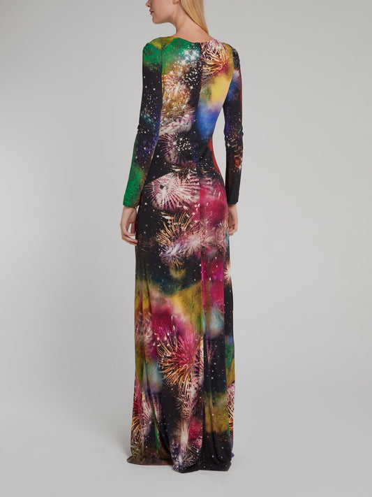 Firework Print Long Sleeve Maxi Dress