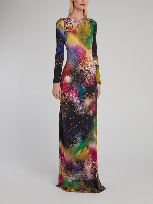 Firework Print Long Sleeve Maxi Dress