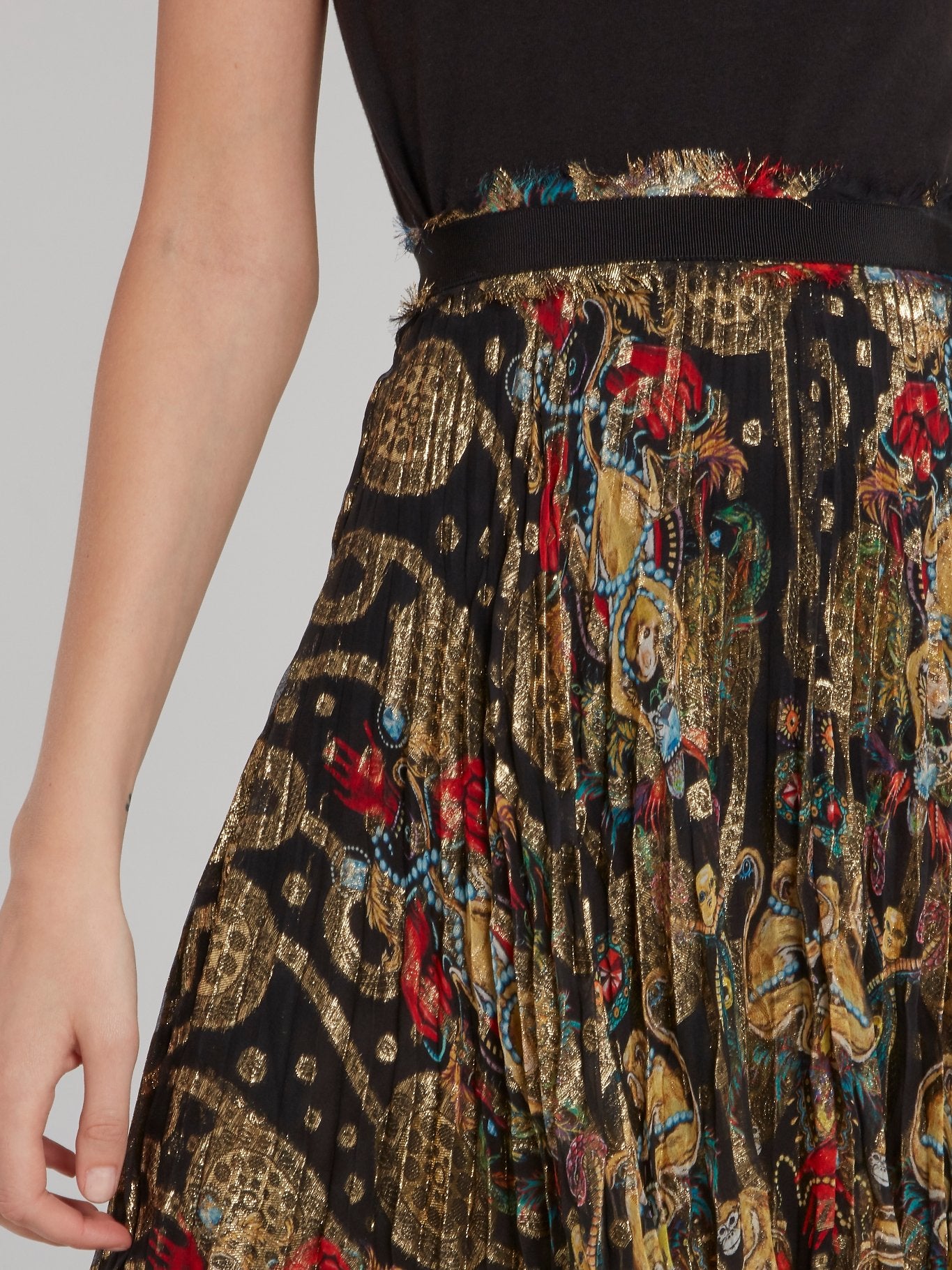 Frayed Waistband Pleated Midi Skirt