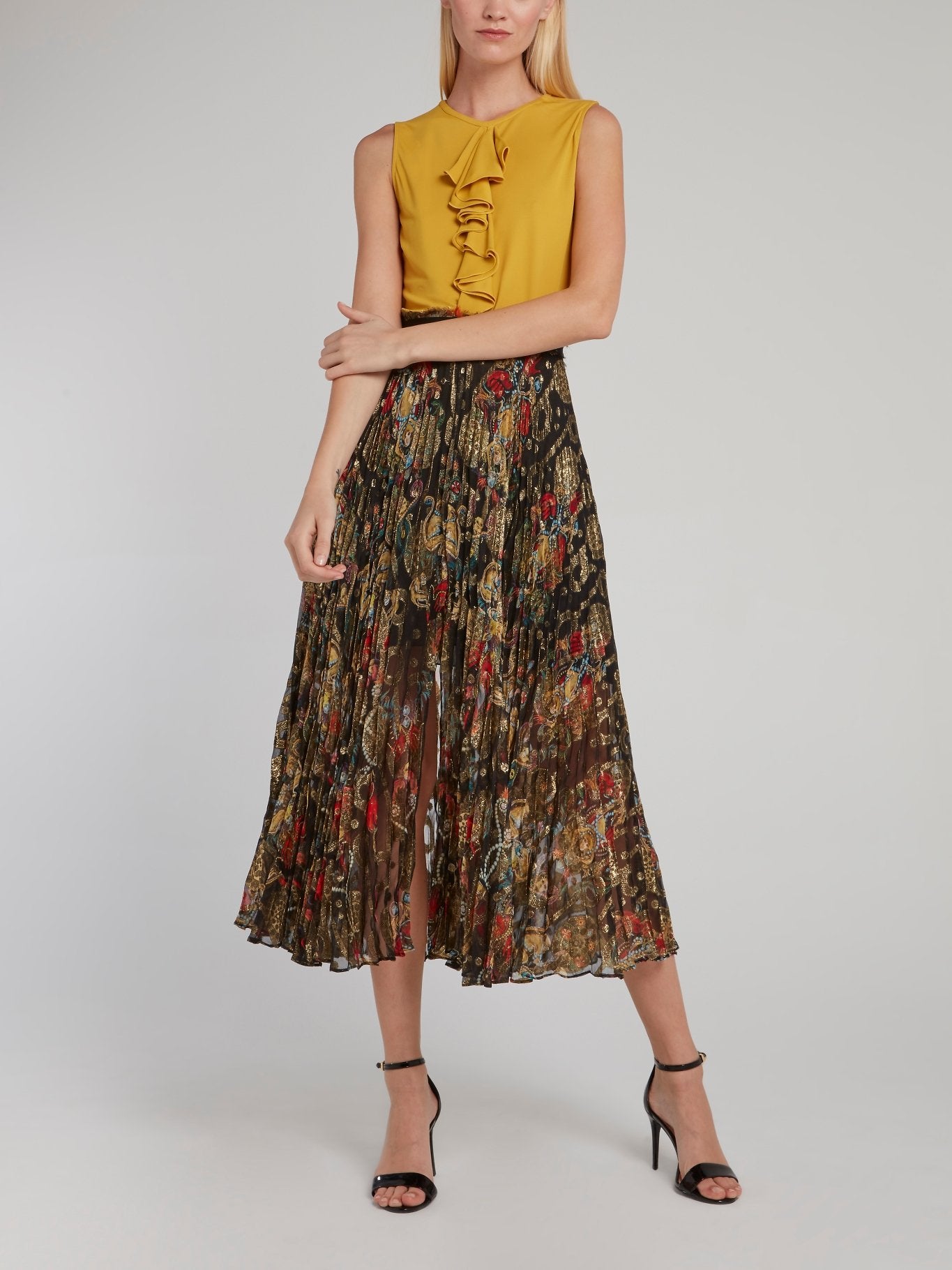 Frayed Waistband Pleated Midi Skirt