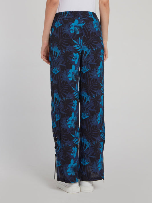 Темно-синие широкие брюки с цветочным принтом
