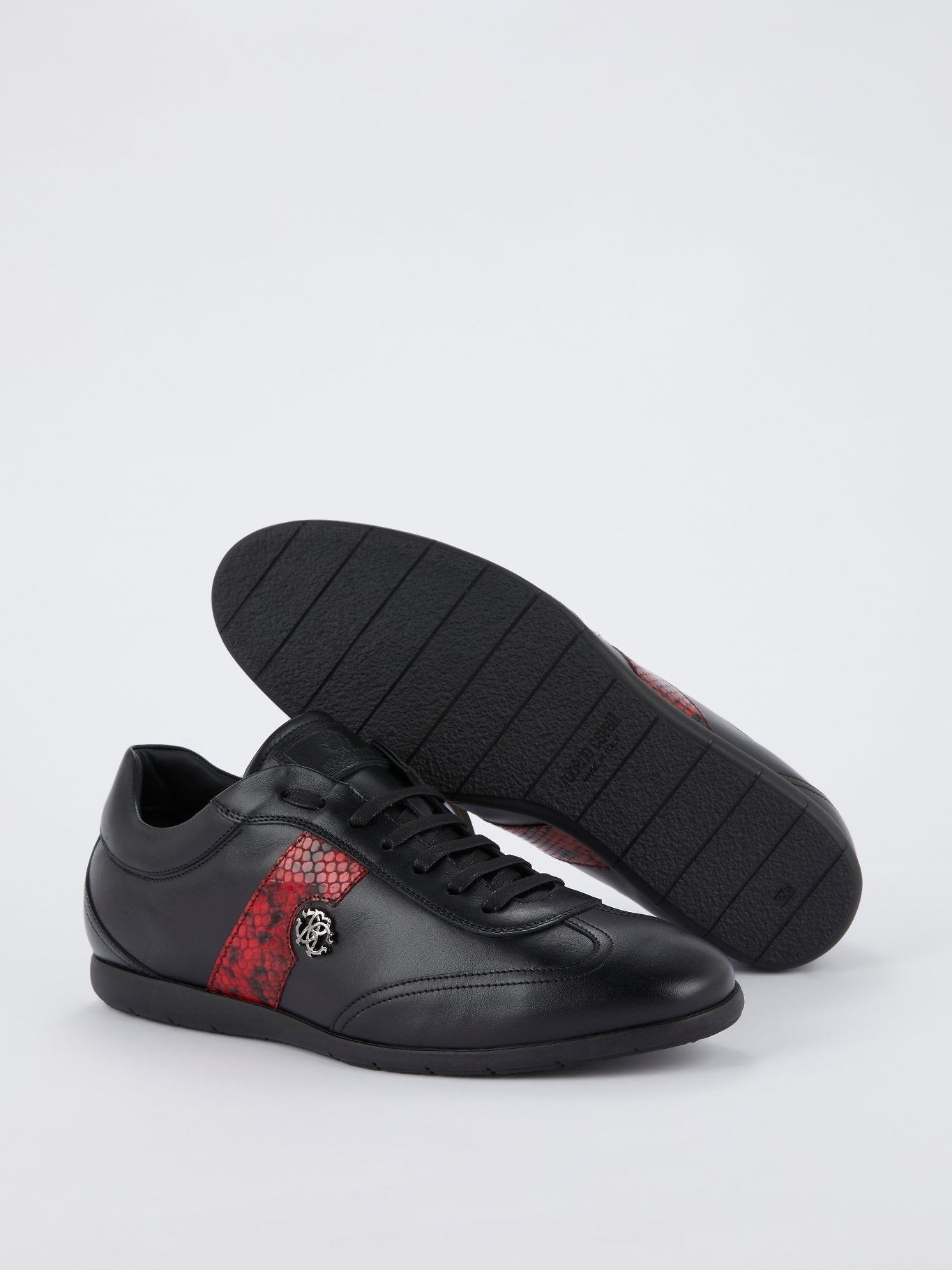 Black with Red Python Panel Leather Sneakers
