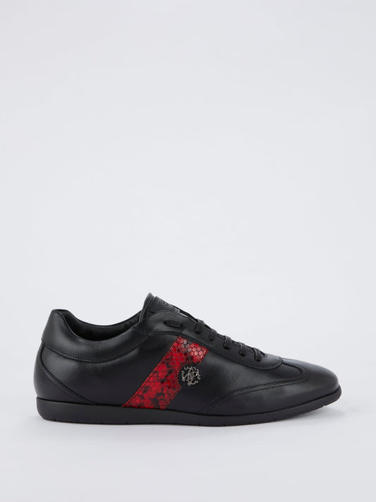 Black with Red Python Panel Leather Sneakers