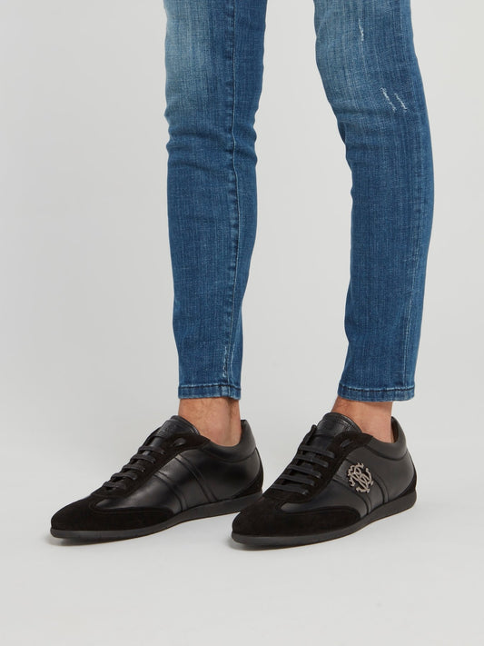 Черные кожаные кроссовки с замшевыми вставками