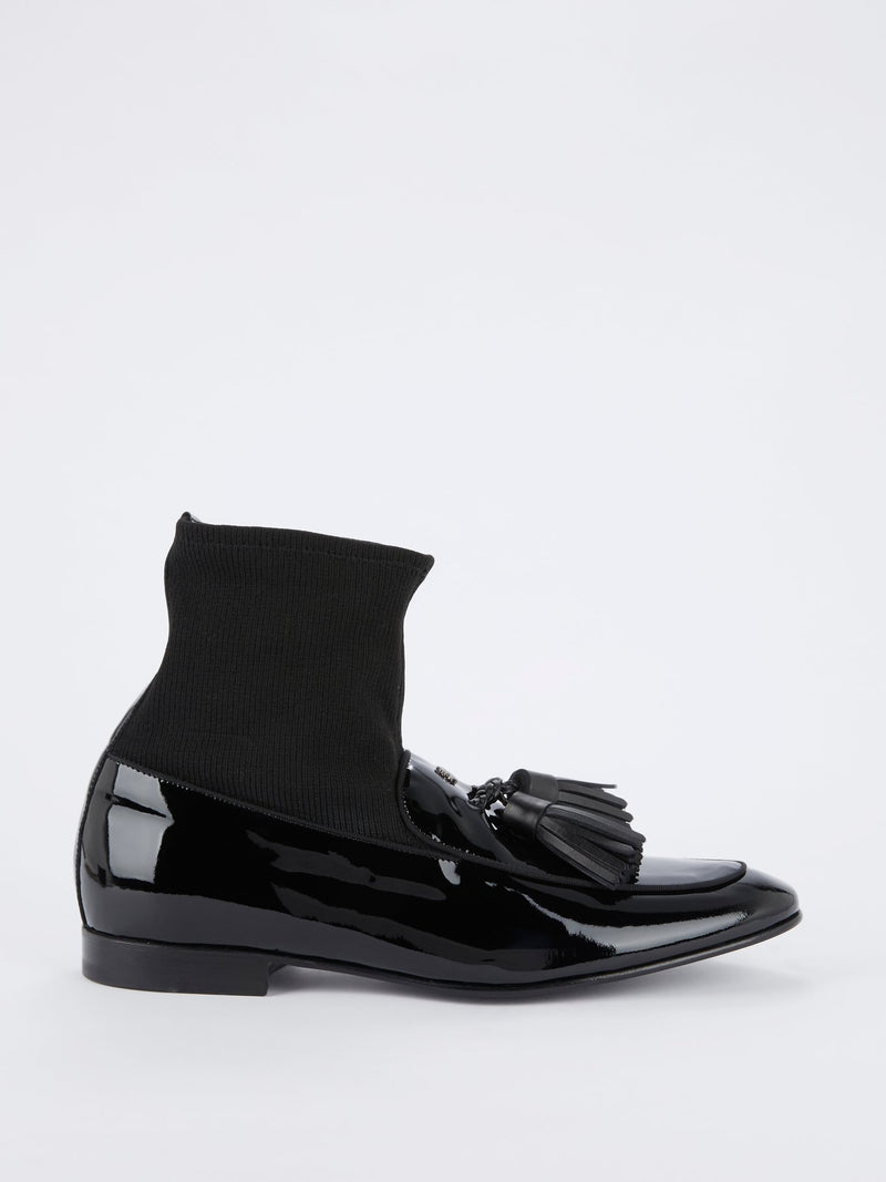 Black Sock Insert Patent Leather Tassel Loafers