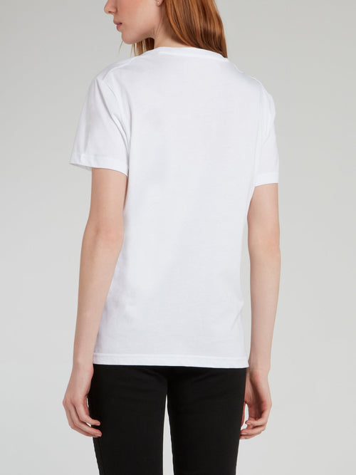 White Logo Embroidered Cotton T-Shirt