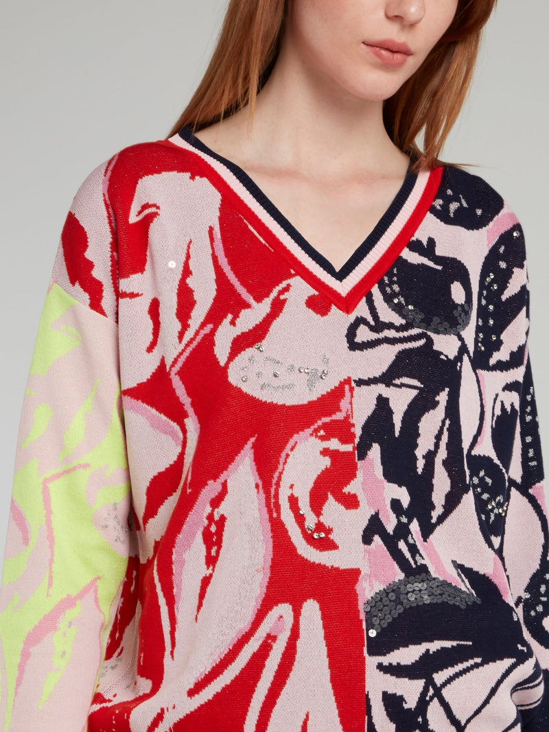Sequin Embellished V-Neck Knitted Sweater