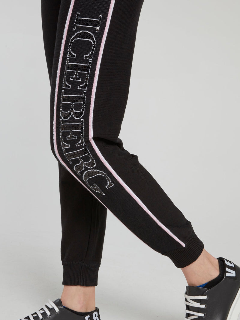 Black Logo Stripe Cotton Track Pants