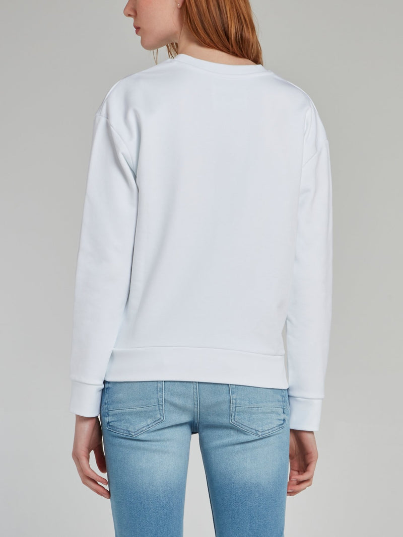White with Neon Logo Embroidered Sweatshirt