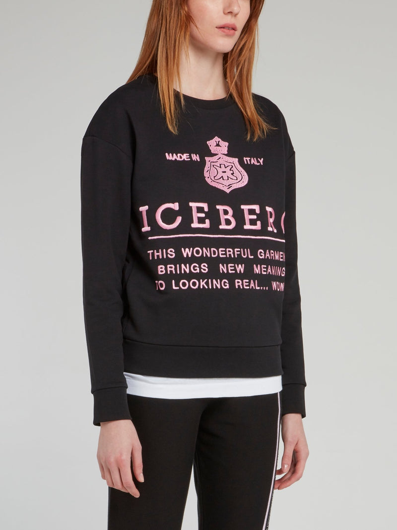 Black with Pink Logo Embroidered Sweatshirt