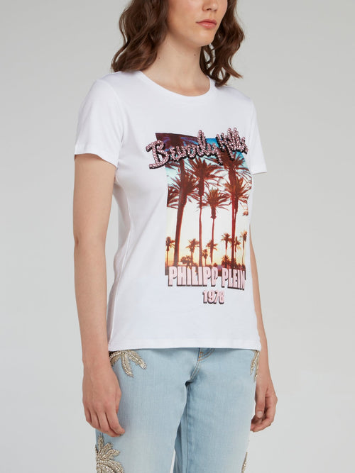 White Embellished Graphic Print T-Shirt