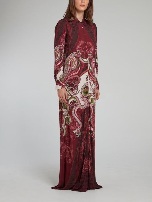 Бордовое платье-макси на пуговицах с рисунком змей