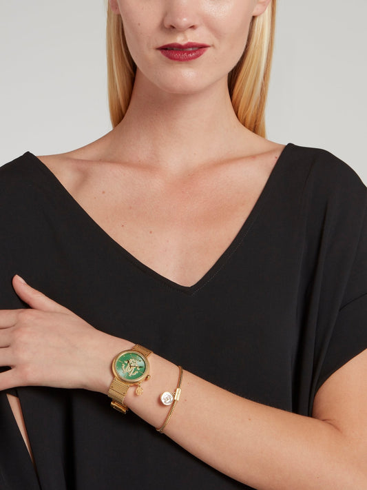 Золотистые часы с зеленым циферблатом и логотипом