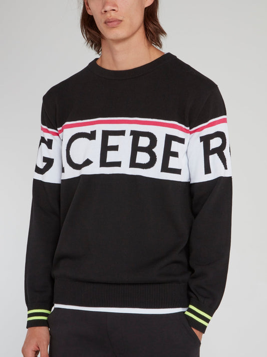 Черный вязаный свитер с круглым вырезом и логотипом