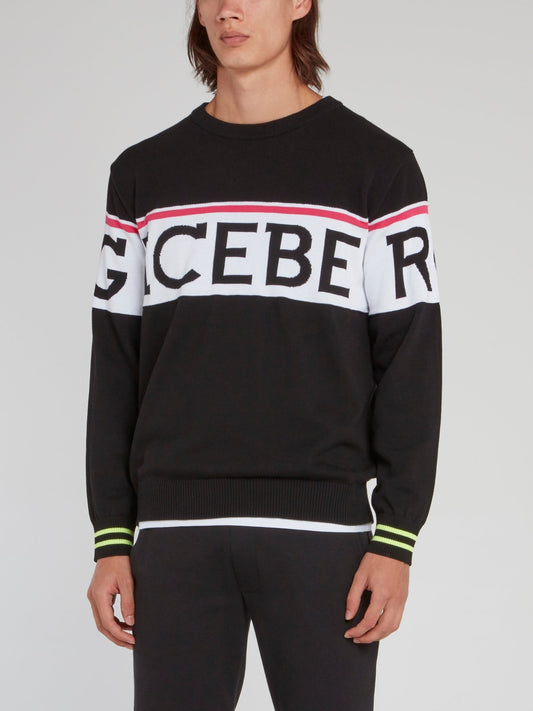 Черный вязаный свитер с круглым вырезом и логотипом