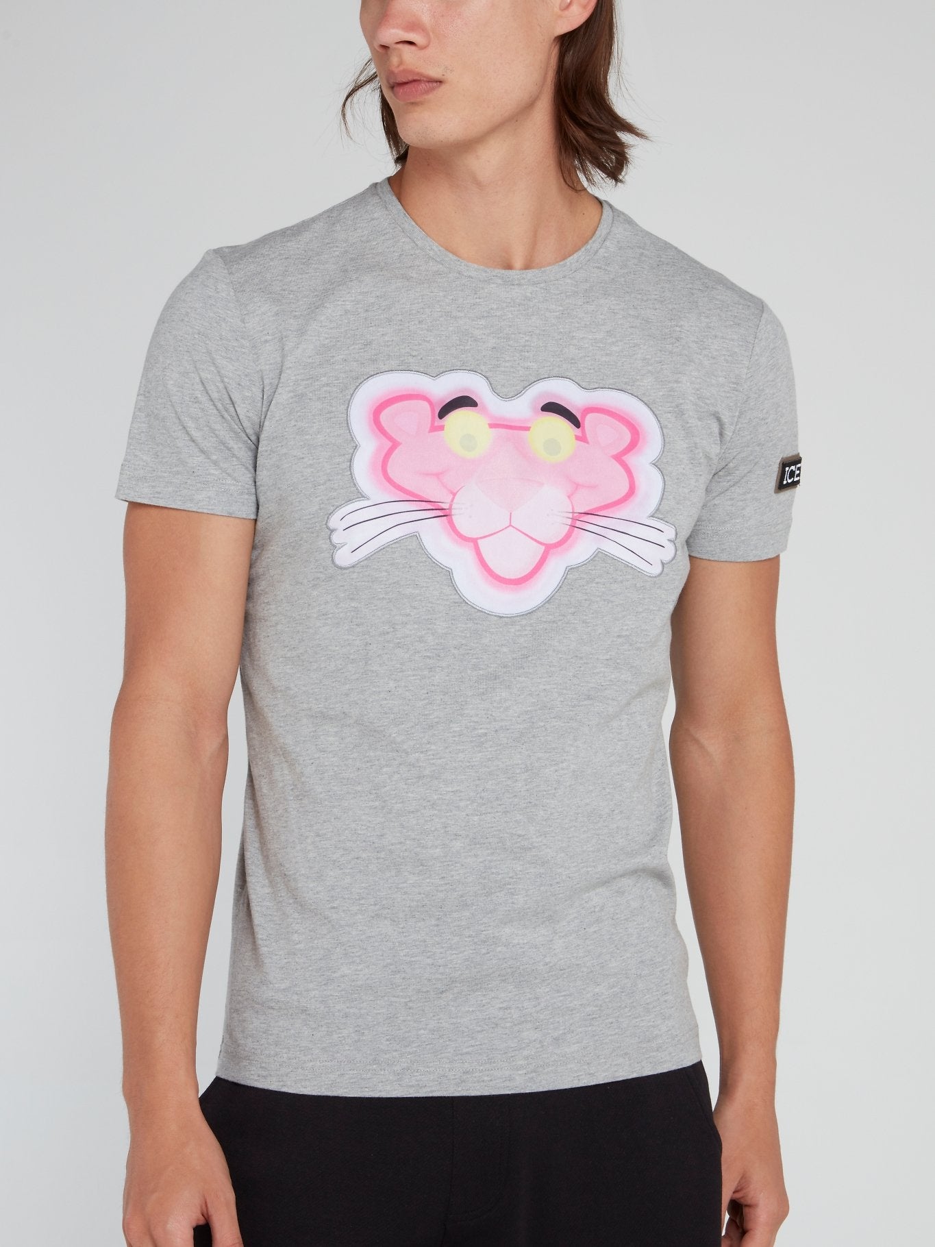 Серая футболка с круглым вырезом и рисунком "Розовая пантера"