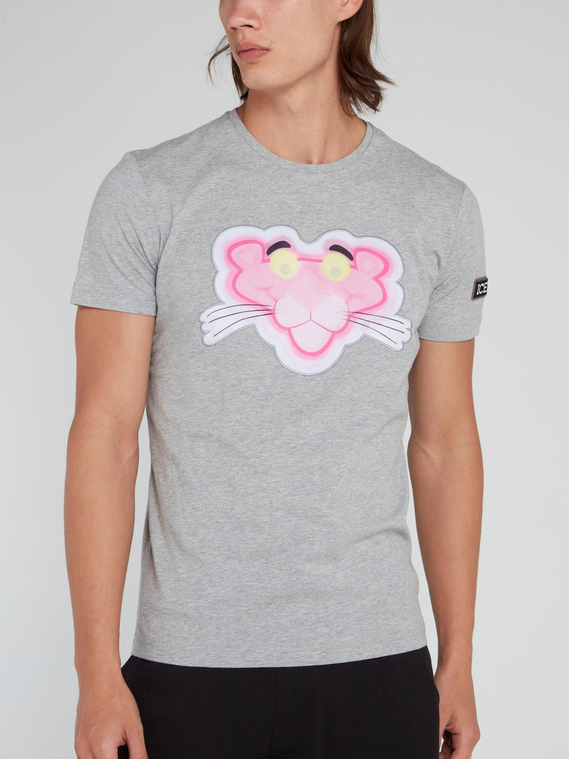 Серая футболка с круглым вырезом и рисунком "Розовая пантера"