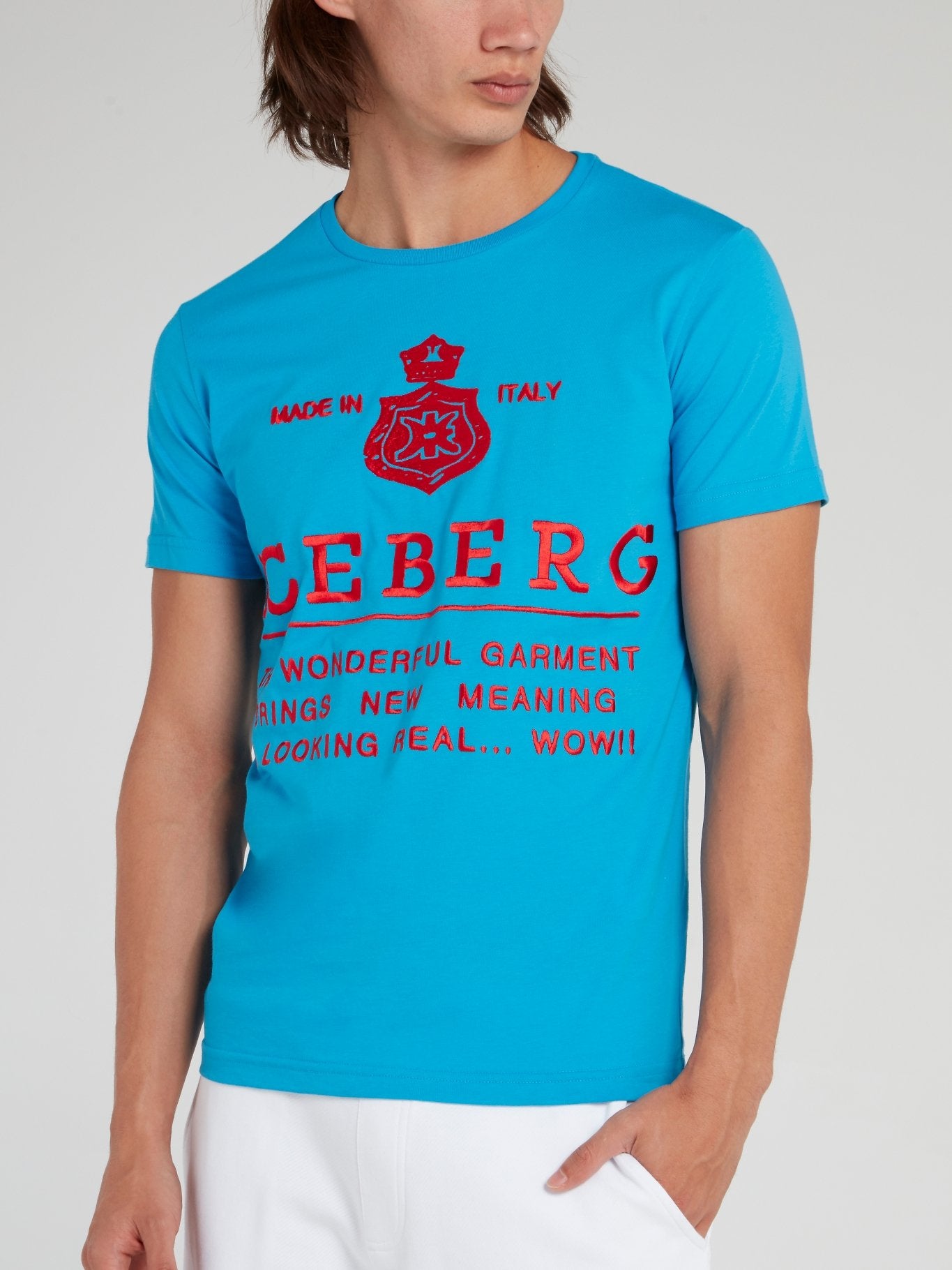 Blue with Red Logo Embroidered Cotton T-Shirt