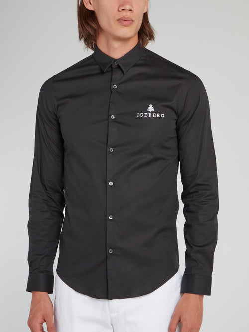 Black Logo Embroidered Button Up Shirt