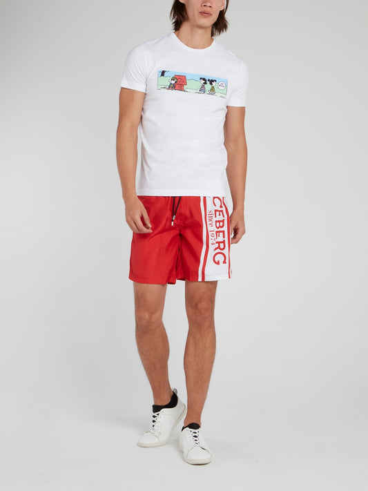 Red Logo Stripe Drawstring Shorts