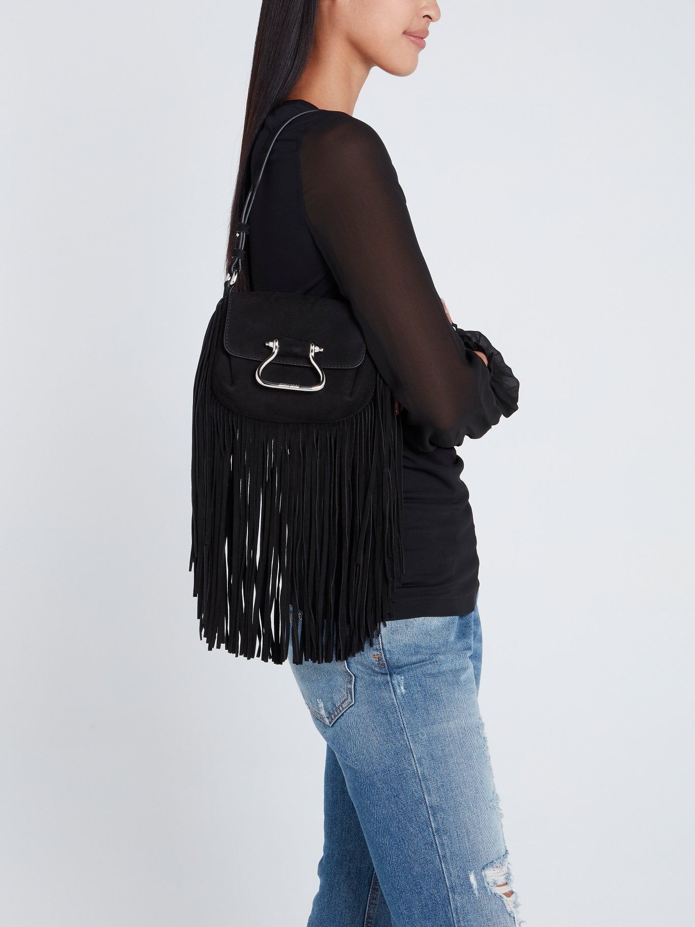 Black Suede Fringe Shoulder Bag