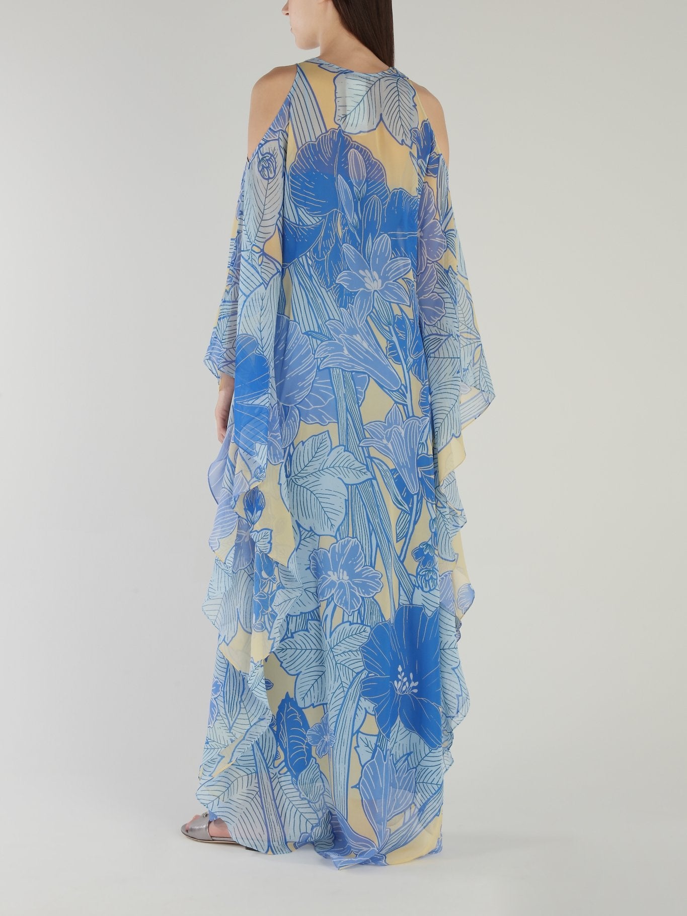 Blue Tropical Cold Shoulder Maxi Dress