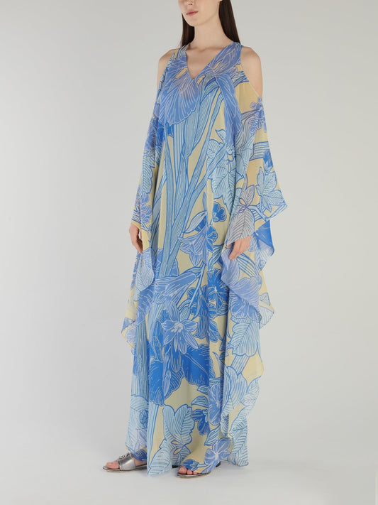 Синее платье-макси с открытыми плечами и тропическим принтом 