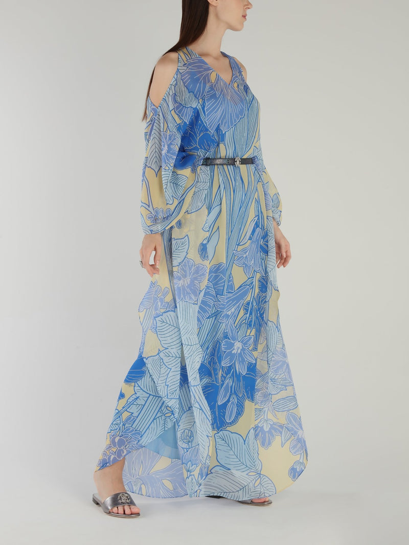 Blue Tropical Cold Shoulder Maxi Dress